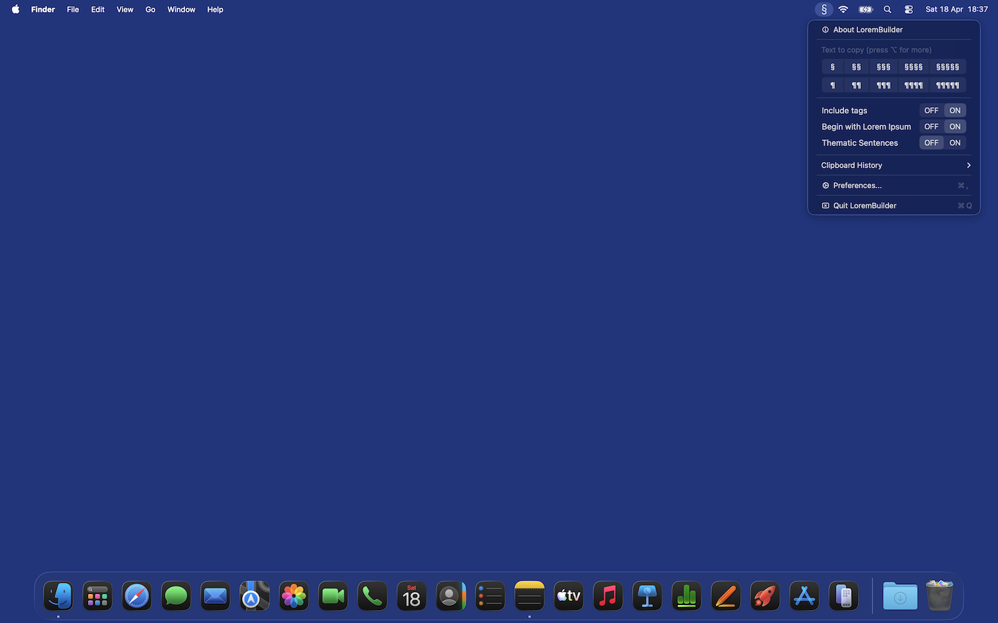 LoremBuilder menu bar dropdown showing a grid of sentence and paragraph counters alongside feature toggles.