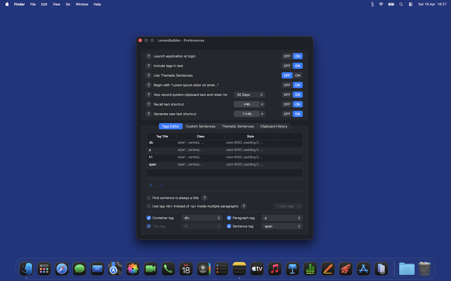 Preferences window on the Tags Editor tab, showing a table of HTML tags with class and style columns.