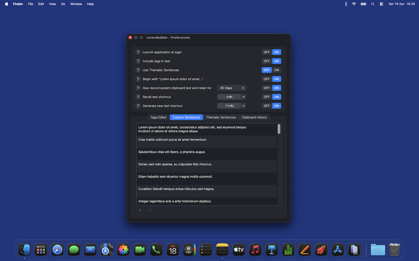 Preferences window on the Custom Sentences tab, listing several Latin filler sentences.