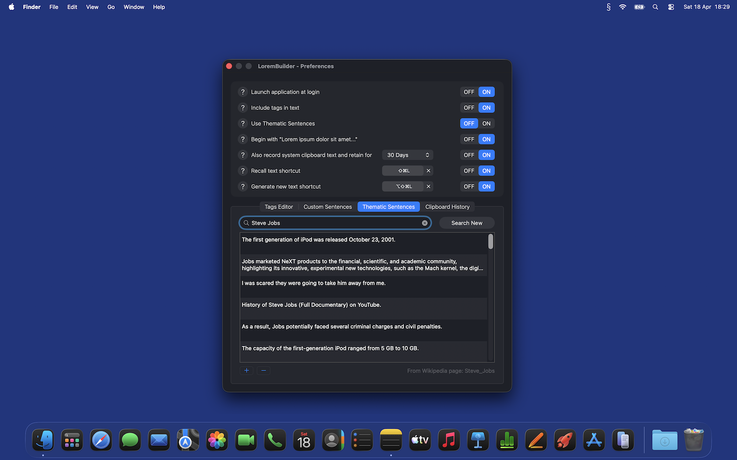 Preferences window on the Thematic Sentences tab, showing sentences pulled from the Wikipedia page for Steve Jobs.