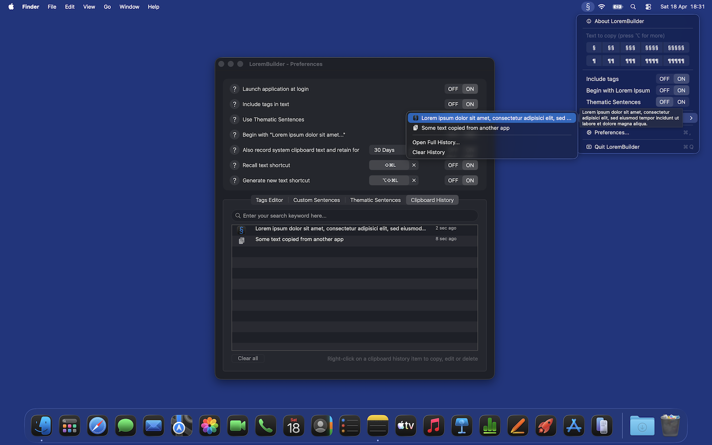LoremBuilder's Clipboard History shown simultaneously in the menu bar submenu and in the Preferences window, listing recent entries from both LoremBuilder and external apps.