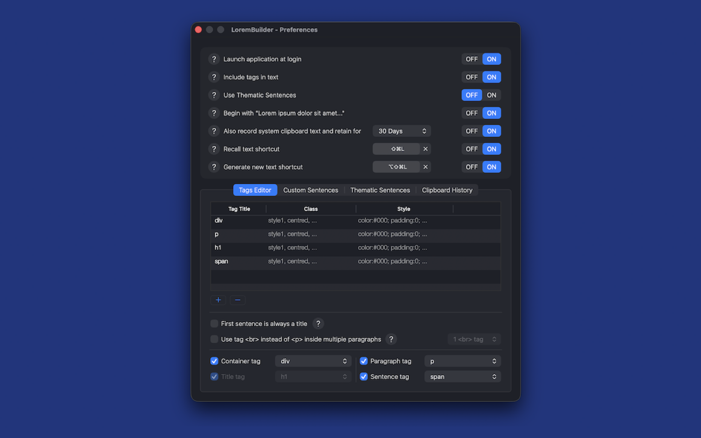 LoremBuilder Preferences window showing the recall and regenerate global shortcuts configured at the top of the options list.